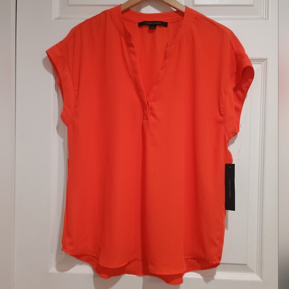New Cynthia Steffe Vibrant Orange V-neck Cap Sleeve Hi-Lo Dressy Blouse Size Lg - Picture 2 of 8